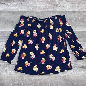 Old Navy Long Sleeve Swing Off Shoulder Navy Top Womens M Floral Boho Blouse